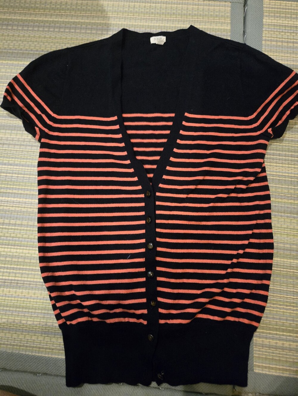 J Crew Striped Short Sleeve Button Cardigan - Black & Coral
